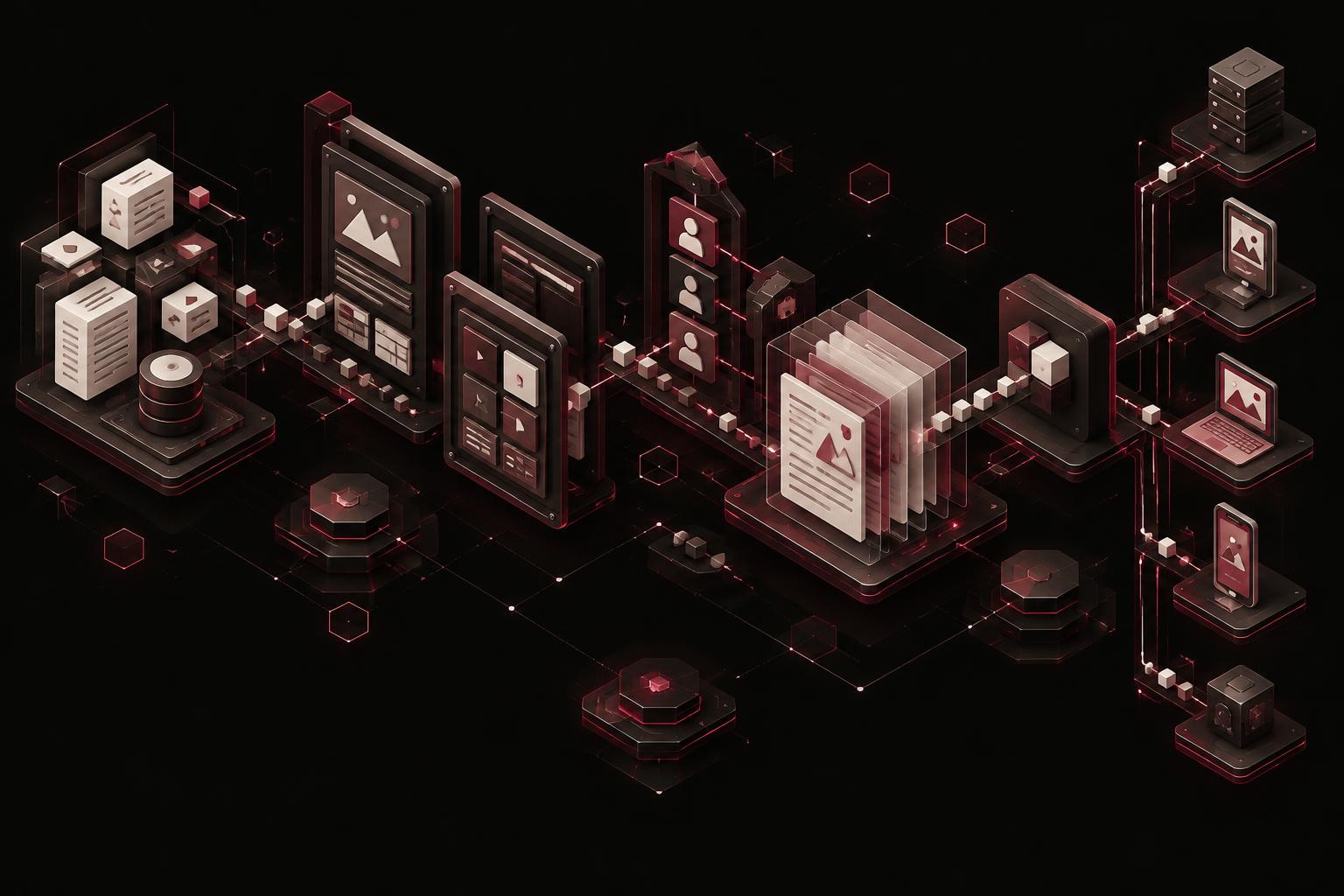 Isometric conceptual content system flowing from structured records through layouts and publishing destinations